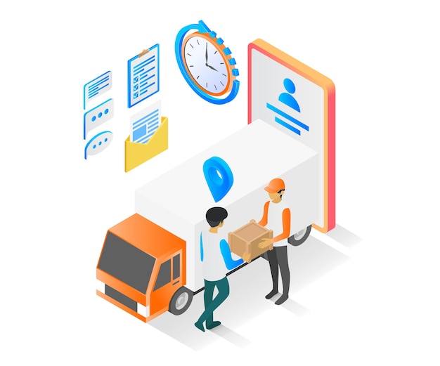 スマートフォンとトラックでの配達注文の等角投影図