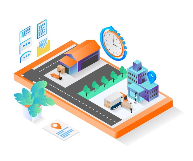 Изометрический стиль иллюстрации заказа на доставку с грузовиком и смартфоном