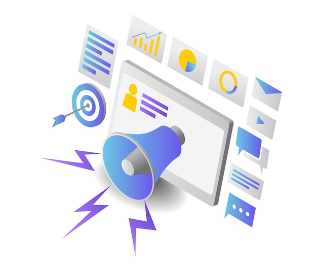ベクトル コンピューターとスピーカーを使用したデジタルマーケティングの等角投影図