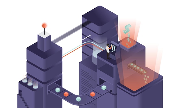 Изометрический стиль иллюстрации производственного процесса фабрики