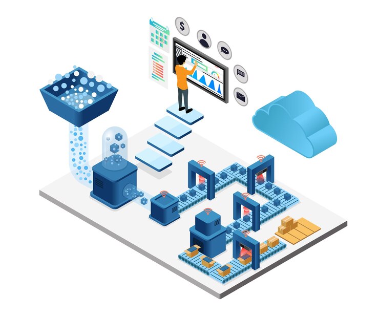 Vector isometric style illustration of packing factory with cloud storage