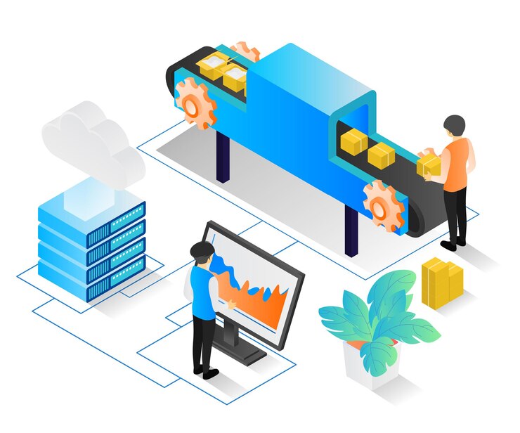 Vector isometric style illustration of a packing machine with computer controlling operator