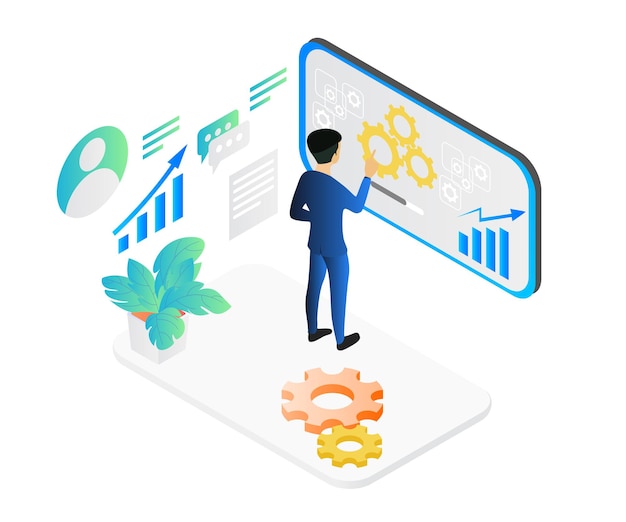 Изометрический стиль иллюстрации мощной эвристической системы в SEO