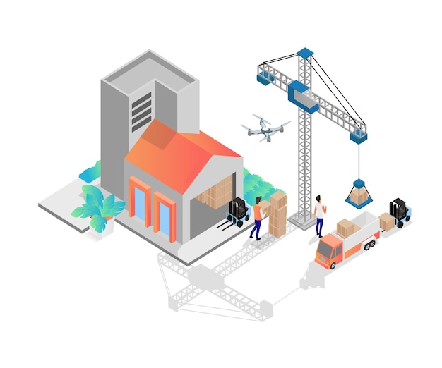 Vector isometric style illustration of production goods delivery logistics warehouse