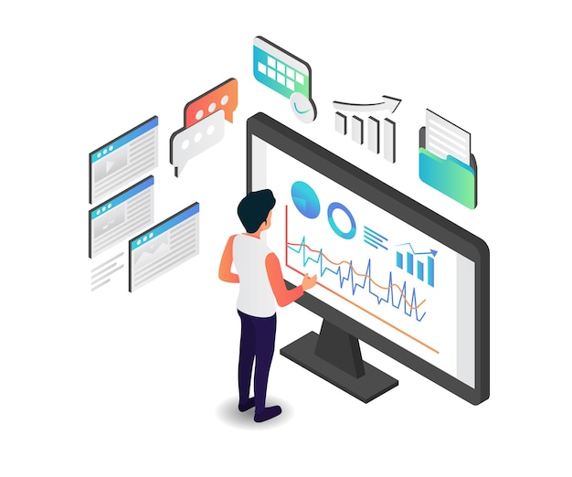 Vector isometric style illustration of seo content data analysis