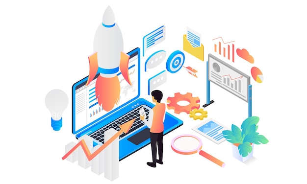 Isometric style illustration of startup app launch with rocket and character