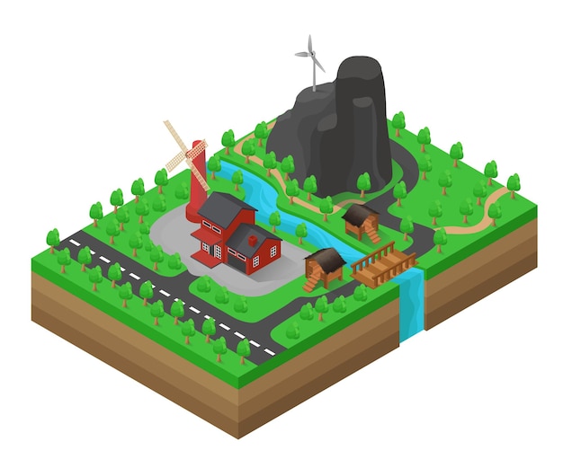 Isometric style illustration a village map with houses and windmills