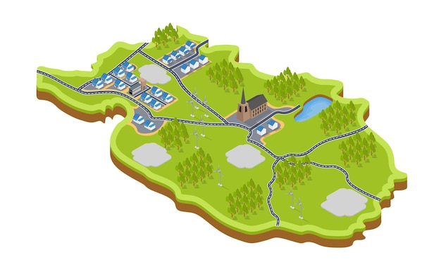 Isometric style illustration of a village map with a windmill and a church