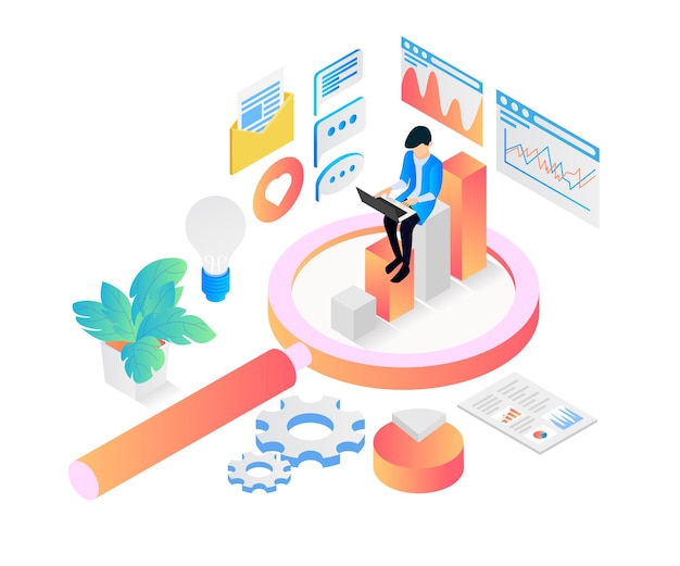 Vector isometric style illustration of website seo data analysis with character and laptop