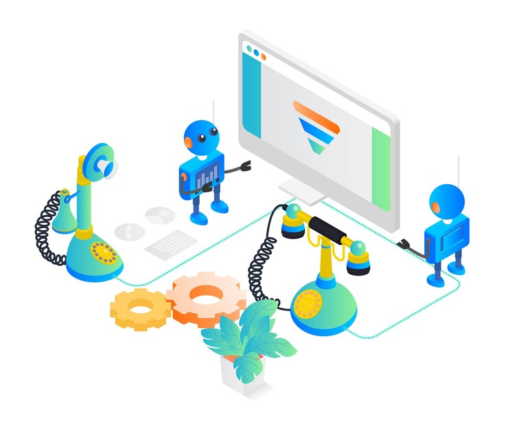 Vector isometric style illustration of wired telephone controlling robot