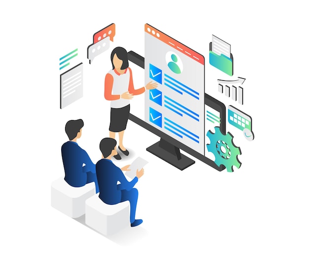 Isometric style illustration of a woman presentation about metric analytics seo content