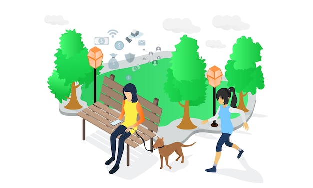 Vector isometric style illustration of a woman sitting on a park bench thinking about her business