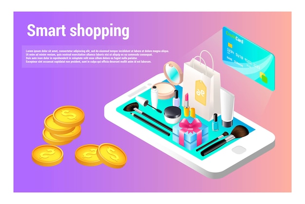 Isometric style. online smart shopping. cosmetics store.