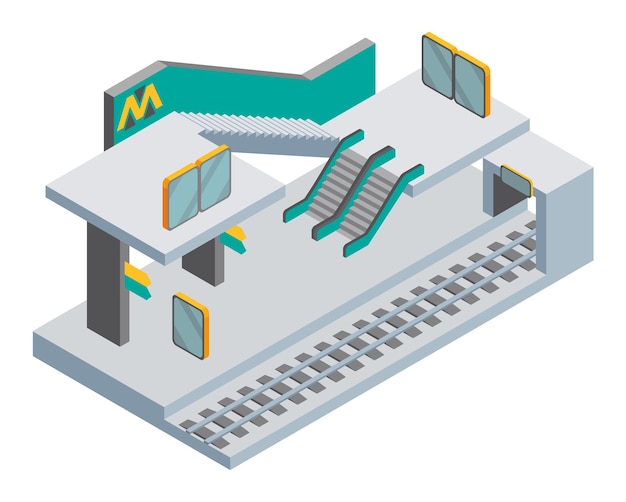 Vector isometric subway station concept. platform, escalator and information stand. empty waiting platform. underground public transport, rail vehicle, urban travel concept. banner vector template.