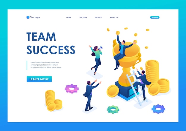 Vector isometric the success of teamwork the joy of the boss and employees the winner landing page concepts and web design