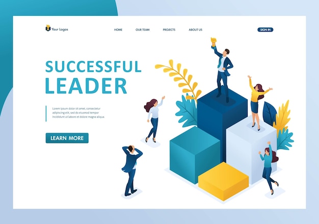 Isometric successful leader on the podium with a prize the team enjoys success template landing page