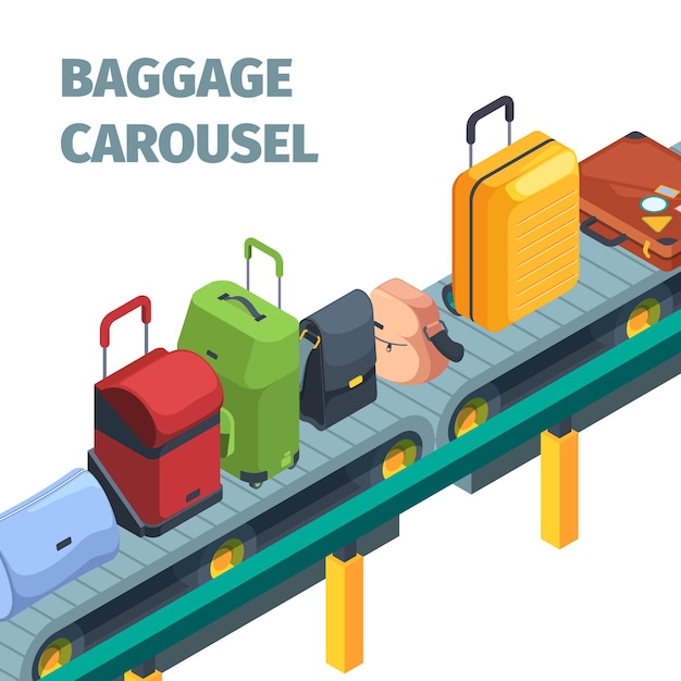 Valigia isometrica borse da viaggio sul nastro trasportatore dell'aeroporto per lo styling dei bagagli borse colorate collezione vettoriale sgargiante
