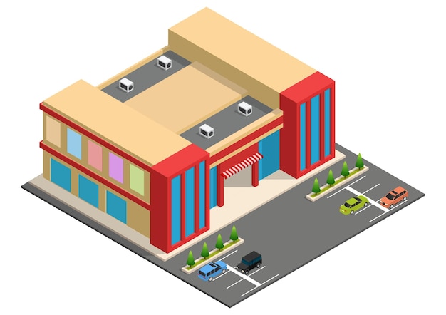 Isometric supermarket building with car parking. city shopping mall building.