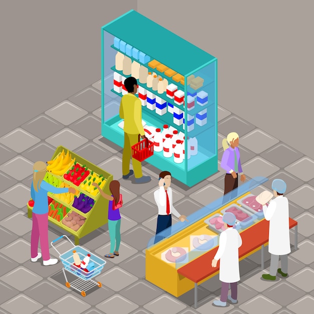 Isometric supermarket interior with buyers and products.