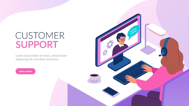 Isometric support service remote it helping woman with headset in workplace round the clock web consultant customers hotline online communication call operator landing page vector 3d concept