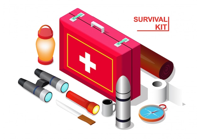 Vettore set isometrico del kit di emergenza survival,