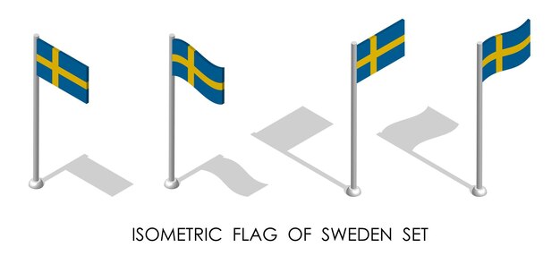 isometric Sweden flag in static position and in motion on flagpole 3d vector