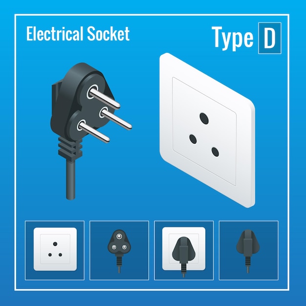 Isometric Switches and sockets set. Type D. AC power sockets realistic illustration. Power outlet and socket isolated. Plug socket.