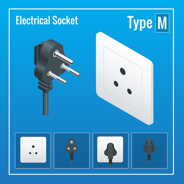 Isometric Switches and sockets set. Type M. AC power sockets realistic illustration. Power outlet and socket isolated. Plug socket.