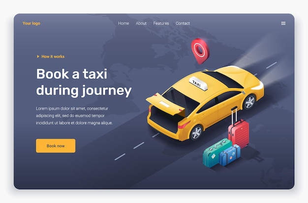 Isometric taxi car with open trunk, suitcases and location pin. landing page template.