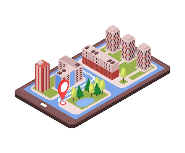 Isometric taxi navigation composition with image of smartphone with map 3d buildings and location vector illustration