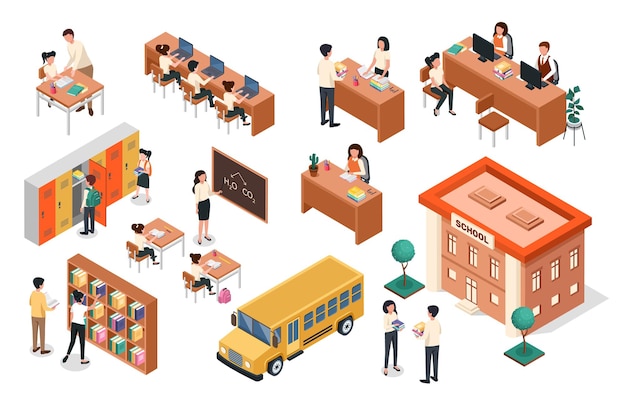 Vector isometric teacher at blackboard pupils sit at desk school building bus classroom furniture vector