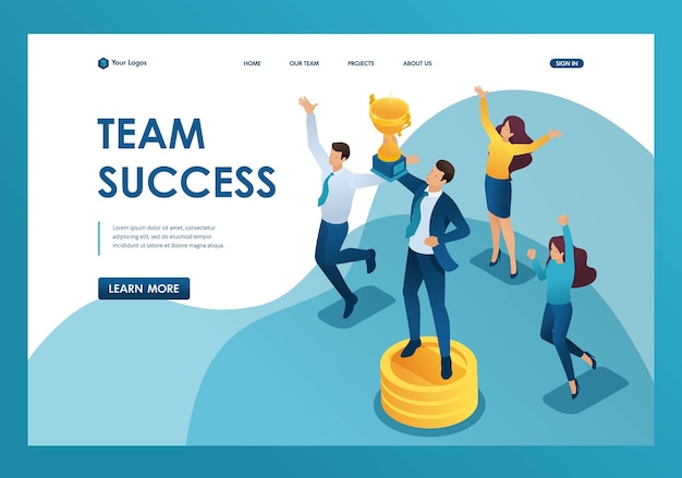 Vector isometric the team has achieved success the businessman jumps with a cup in hand landing page