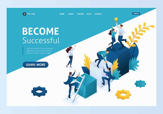 Isometric Team success Teamwork Together Miniature people climb up Template landing page