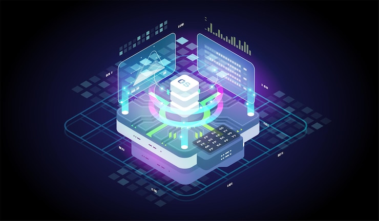 Vector isometric tech illustration. software development and programming. digital technology web banner. big data processing computing. analysis and information.