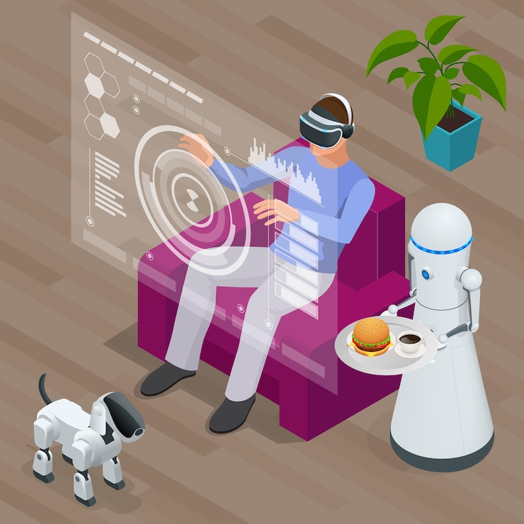 Vector isometric techno robots and man sitting on sofa at home wearing virtual reality headset. technology, cyberspace and people concept