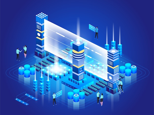 Vector isometric technology concept. database network management. big data processing, energy station of future. it technician turning server. cloud service. digital information.  illustration