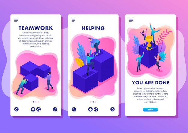 Isometric template app bright concept successful young team, upward movement, smartphone apps