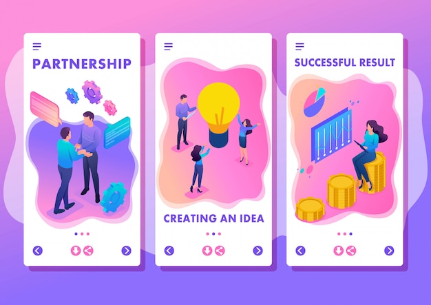 Isometric template app bright concept teamwork to create a solution, smartphone apps