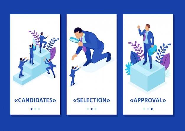 Isometric template app competitive struggle for career growth, businessman looks at candidates through a magnifying glass, smartphone apps