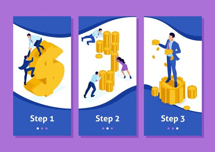 Vector isometric template app microfinance organization, big businessman holding a lot of money, smartphone apps. easy to edit and customize