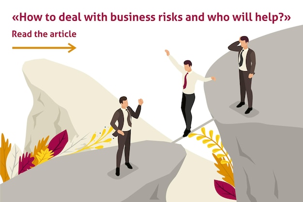Vector isometric template banner article fear and overcoming risks in business
