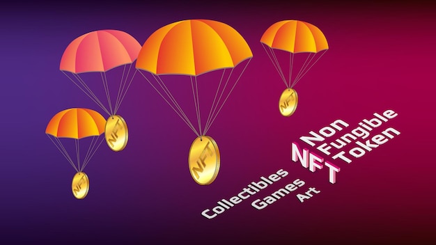 Isometric text nft non fungible token and parachutes with gold coins on purplered background free distribution of collectible and playable nft