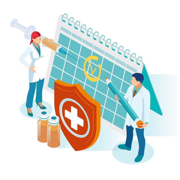 Isometric time to vaccinate concept vaccine for influenza measles diphtheria or rabies syringe with a vaccination calendar and doctors bottle and virus