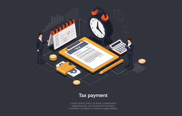 等尺性のタイムリーな納税の概念。ビジネスマンは記入し、納税申告書を提出し、税金を払っています。ビジネスマンは締め切りを守り、時間通りに支払いを行っています。漫画の3dベクトルイラスト。