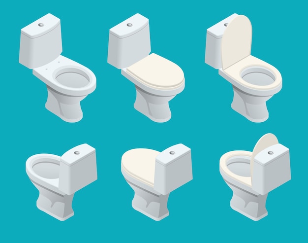 Vector isometric toilet equipment collection for interior design. set of different toilet sinks types. vector illustration.