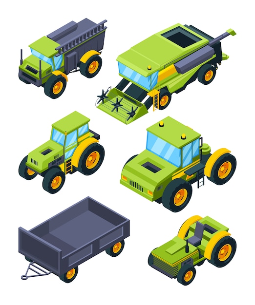 Вектор Изометрические трактора и другие различные сельскохозяйственные машины