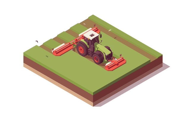 Isometric tractor composition Isolated low poly green tractor with red mower mowing field Vector illustrator