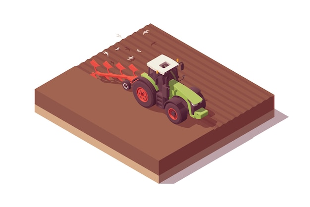 Isometric tractor composition. Isolated low poly green tractor with red plow plowing field. Vector illustrator. Collection