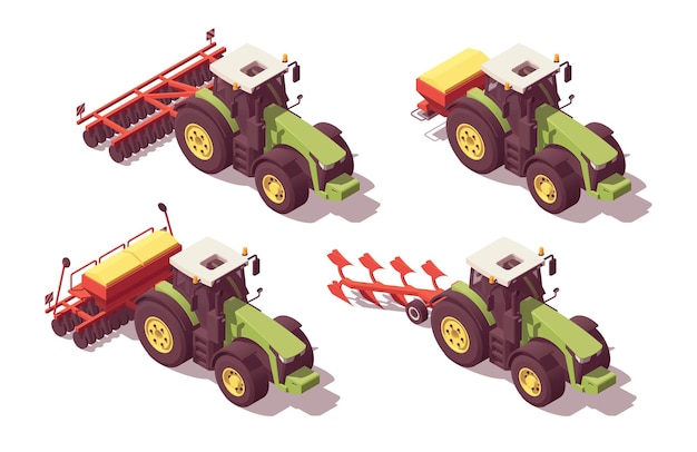 Vector isometric tractor set. isolated low poly green tractors with red equipment on white backgroung. plow, cultivator, seeder, spreader fertilizer. vector illustrator. collection