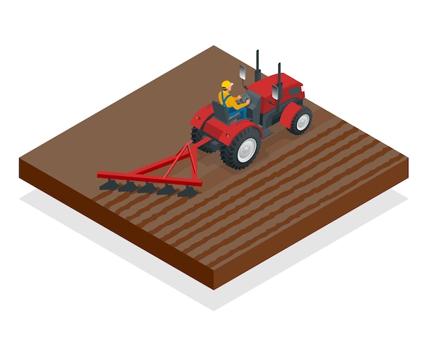 Isometric Tractor works in a field. Agriculture machinery. Plowing in the field. Heavy agricultural machinery for fieldwork. Vector illustration.